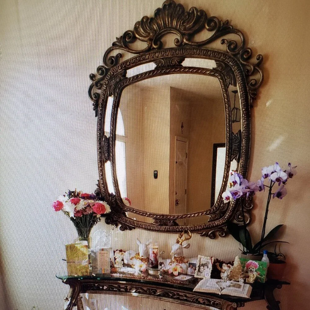 Luxury Console & Mirror Set – Beveled Glass & Gold Leaf Accents Sale: $1550